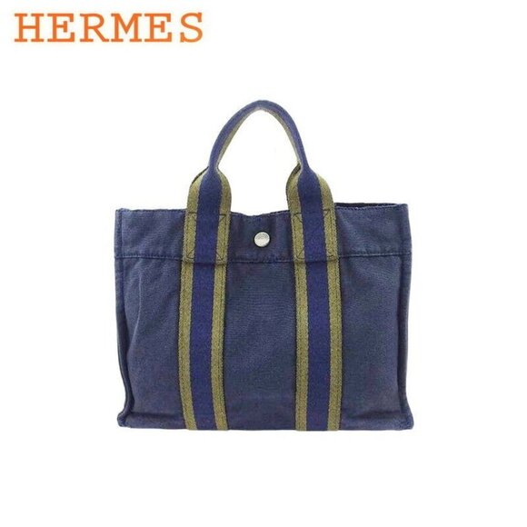 HERMES Tote Bag Fool Toe Cotton Canvas Authentic Used - Picture 1 of 10